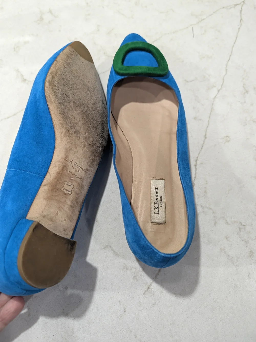 LK Bennett Bright Blue Suede Pointed Flats with Green Buckle